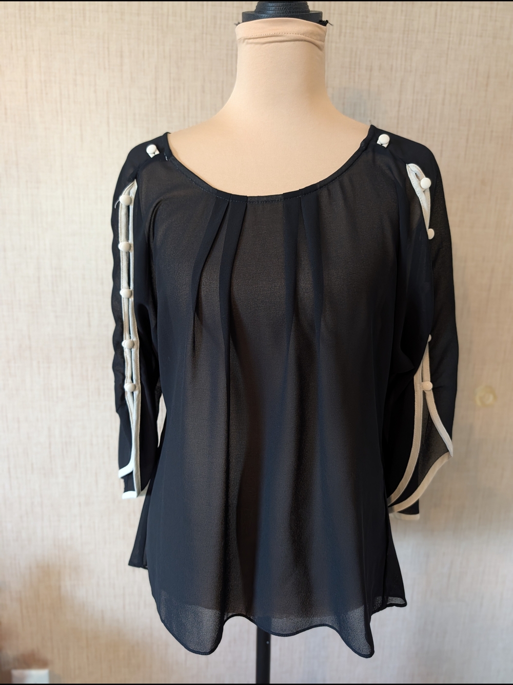 Umgee Black Sheer Oversized Blouse with Cream Trim
